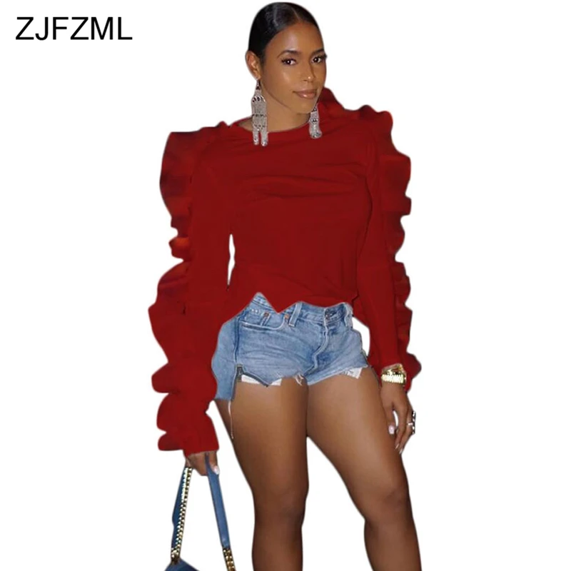 Wine Red ZJFZML размера плюс сексуальный топ и блузка женская бабочка с длинным рукавом приталенная рубашка Осенняя однотонная с рюшами спереди короткая сзади Длинная блузка - Цвет: Wine Red