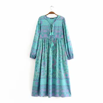 

2020 Spring Summer New Rayon Tassel Floral Patterns zaraing women Dress sheining vadiming female dress green pink yellow Yup8431