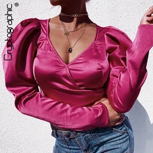 ^#Cheap Cryptographic Sexy Women's Hot Pink Blouses Deep V-Neck Puff Sleeve Woven Cropped Tops Fashion Autumn Ladies Blouse Streetwear ^#Cheap Cryptographic Sexy Women's Hot Pink Blouses Deep V-Neck Puff Sleeve Woven Cropped Tops Fashion Autumn Ladies Blouse Streetwear