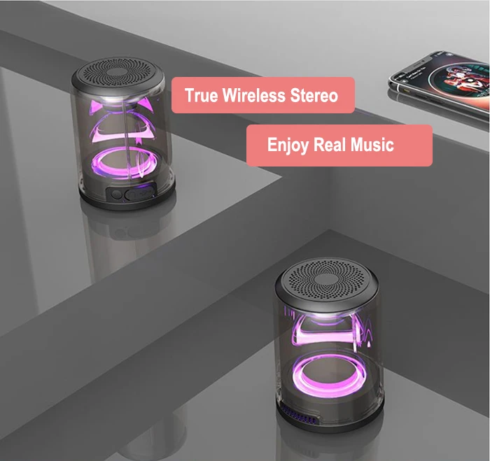 D08 Mini LED Colorful HIFI Big Bass Sound Column Box TWS Magnetic Vibration Bluetooth Transparent Speaker 2 speakers Per Set