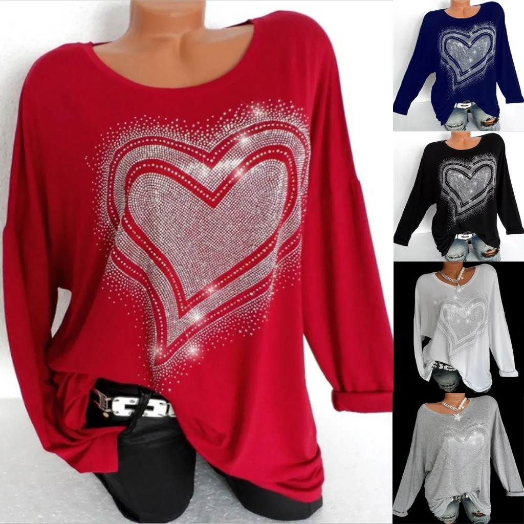 

Tshirt Women Fashion Plus Size Long Sleeve Love Shape Diamond Insert Casual T-shirt Tops Poleras Camiseta Top Women T Shirt Haut