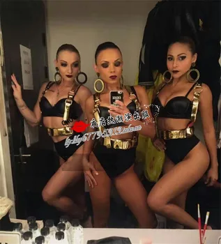 

Women Golden Shiny Bar Nightclub Stage Singer And Dance Partner Ds Music Festival Golden Strap Bar Gogo Costume Suit