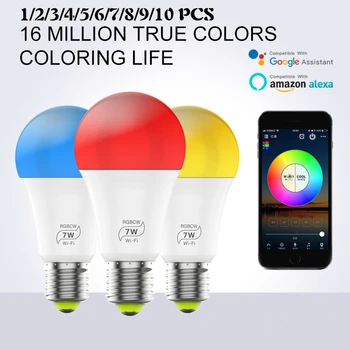 

1/2/3/4/5/6/7/8/10pcs Smart Bulb WIFI Dimmable Smart Light Remote Control LED Lamp 7W E27 RGB color Amazon Alexa Google Home