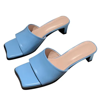 

Summer Womens Slippers Summer Fashion Design Square Toe Sandals High Quality Cozy Soft PU Leather Low Heel Party Dance Shoes