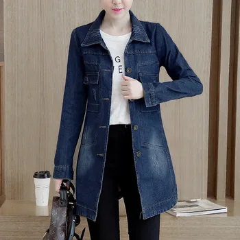 

Women's Long Denim Jackets Coat Plus Size 5XL Slim Basic Jacket Jeans 2020 Autumn Single Breasted Casual Streetwear Female