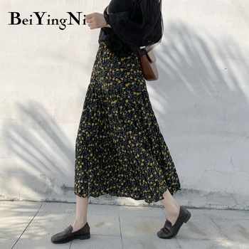 

Beiyingni Vintage Boho Skirt Woman Spring Summer Chiffon Floral Print High Waist Midi Skirts Saias Pleated Beach Casual Faldas