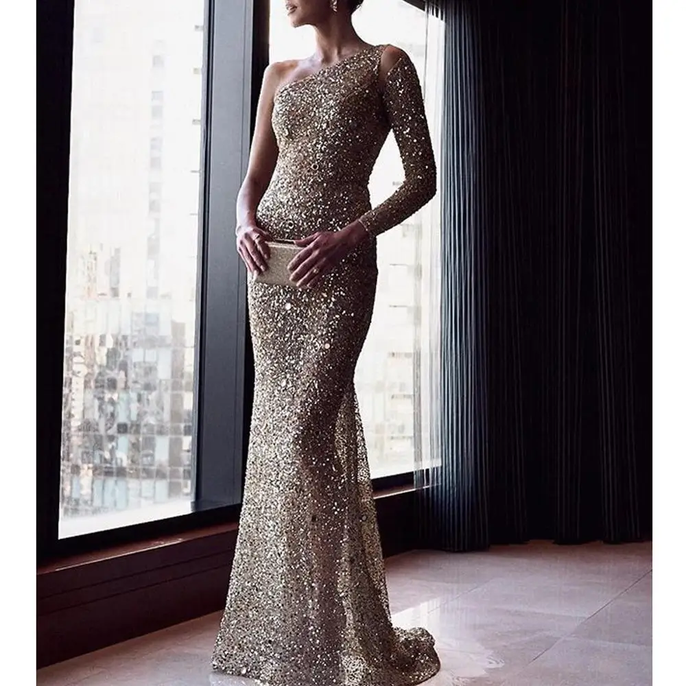 

Linglewei 2019 Fall new European and American popular Sequin one shoulder dress long dress