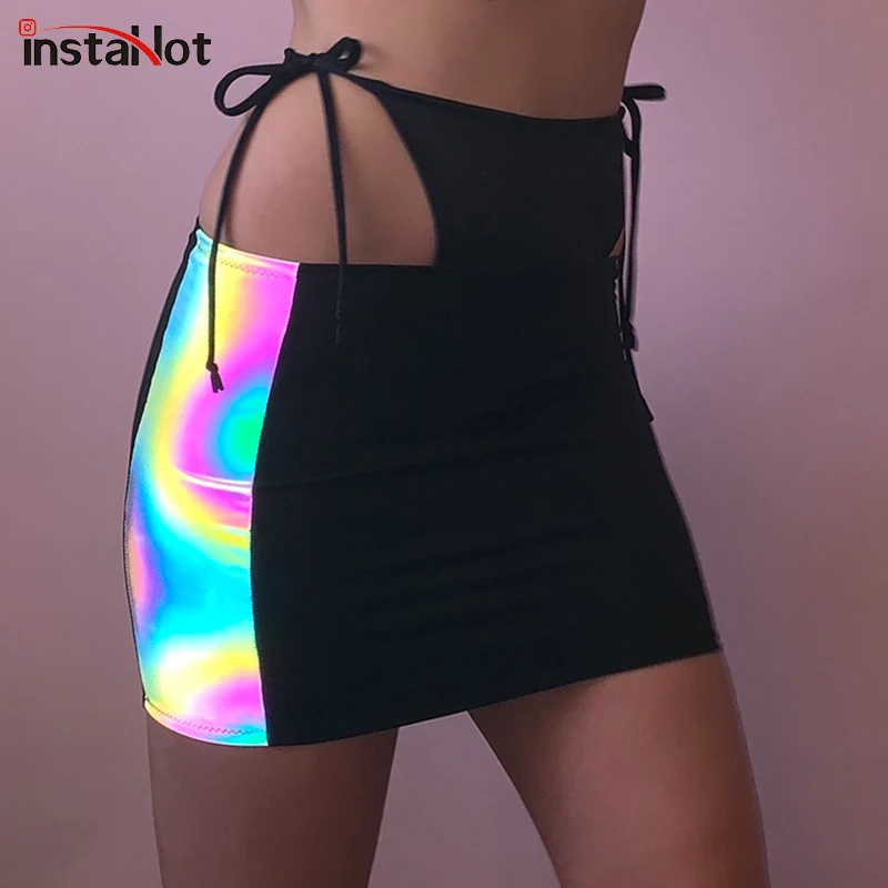 

InstaHot Black Lace Up Skirt Women Short Skirt Hollow Out Reflective Flash Sexy Gothic Streetwear Patchwork Mini Skirt Summer