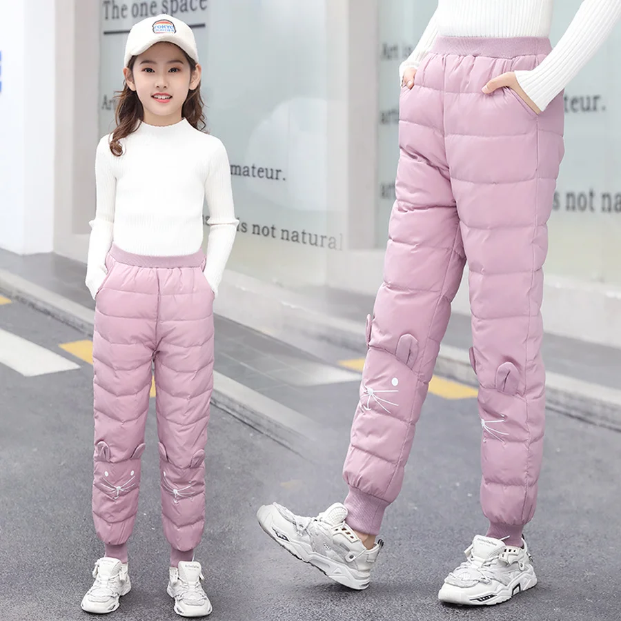 

Down Pant for Kid Girls Waterproof Down Trousers Children Warm Thick Fleece Pencil Pants Windproof Down Pants for Teenager