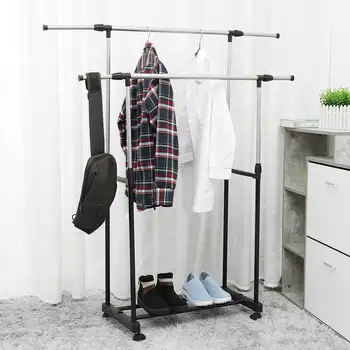 

Stainless Steel Coat Rack Landing Clothing Holder Hanger Floor Standing Storage Shelf Telescopic Adjustable Moving Clothes Rack