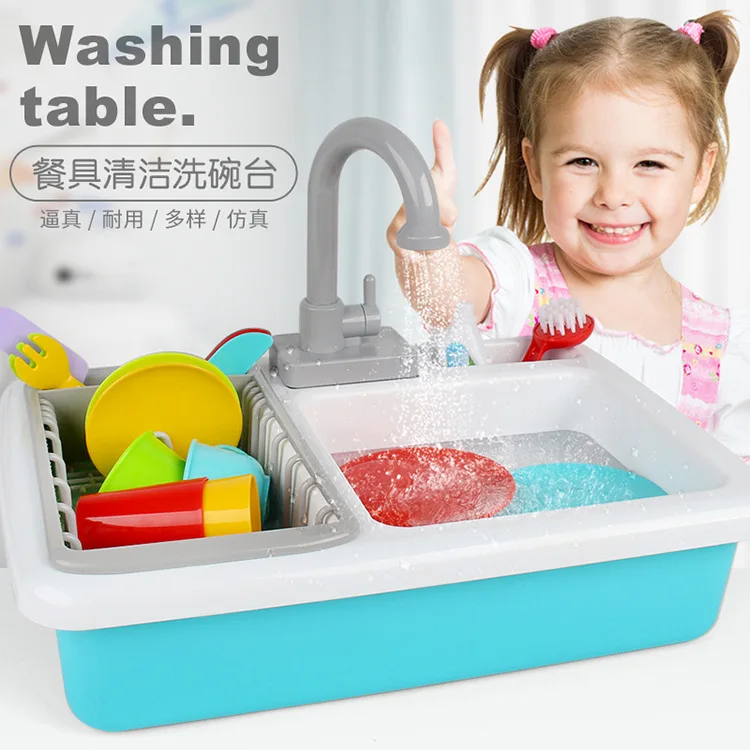 

Children Play House Toys Electric Water Cycle Model Kitchen Tableware Washing Counter Assembled Toys