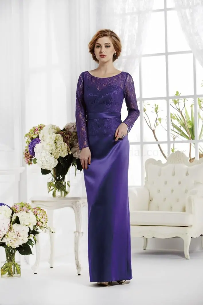 

free shipping 2016 new hot fashion vestidos formales long lace elegant purple satin Mother of the Bride Dresses with long sleeve