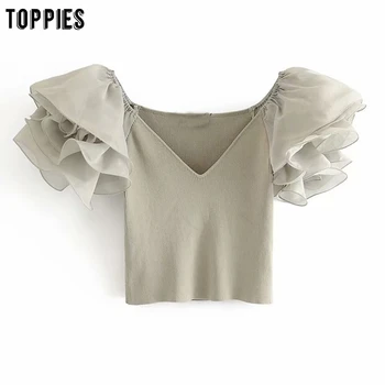 

toppies summer knitted cropped tops sexy v-neck lace t-shirts women cascading ruffles spliced tops