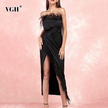 

VGH Sexy Patchwork Feathers Dresses Female Slash Neck Sleeveless High Waist Side Split Asymmetrical Summer Dress Women Fashion