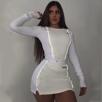 

Casual Fashion Reflective Striped Two Piece Outfits Women Long Sleeve Top And Mini Skirt Sets 2020 White Matching 2 Piece Sets