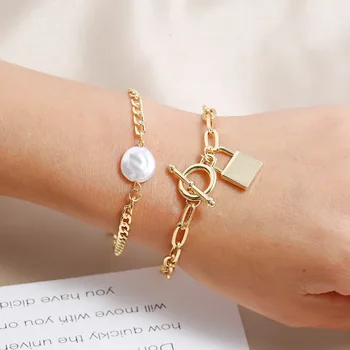 

KMVEXO 2Pcs/Set Gold Color Lock Chains Simulated Pearl Bracelet Bangles 2020 New Fashion Punk Padlock Bracelets for Women Party