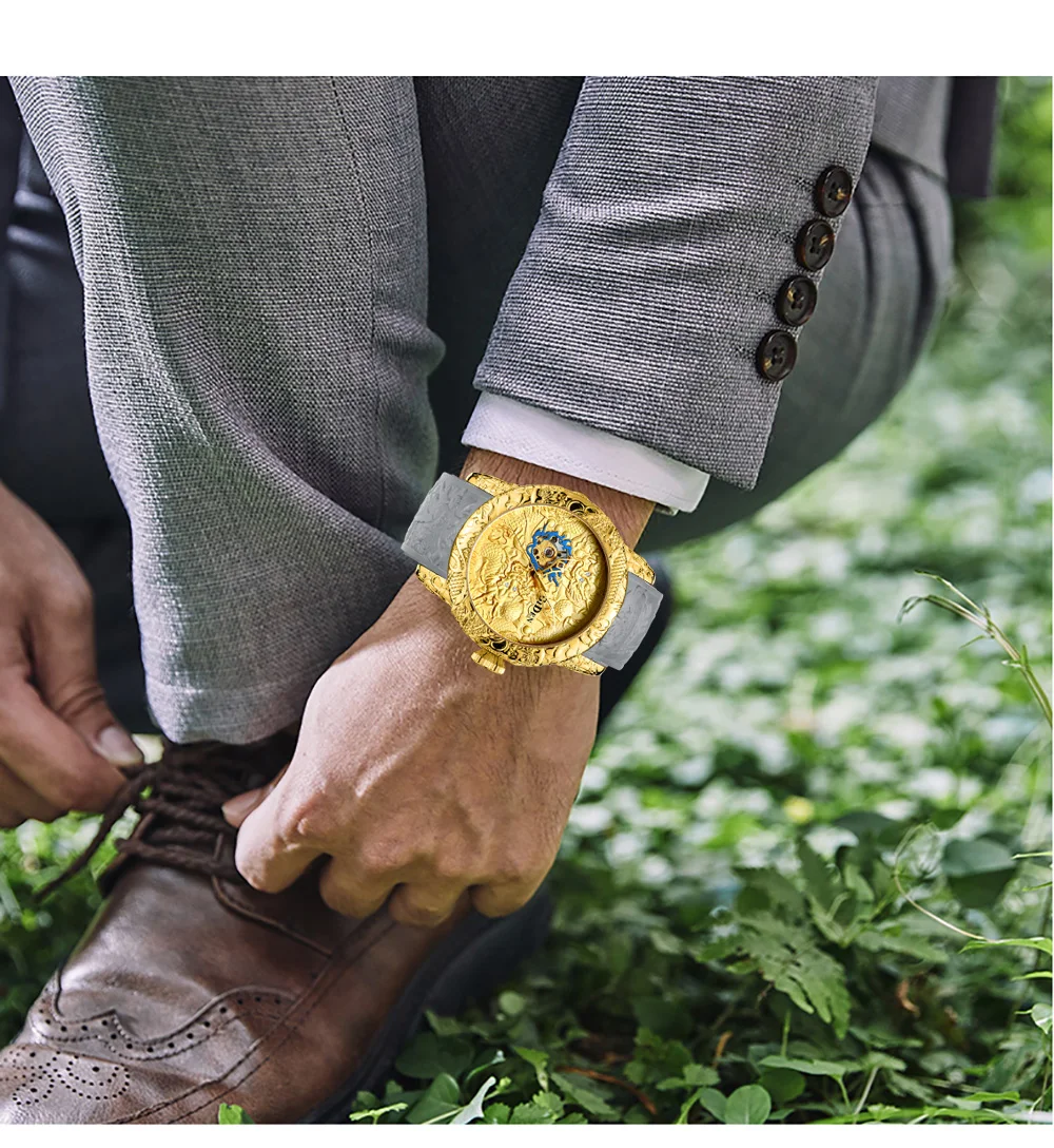 Automatic Mechanical Watch Luxury Black Gold Dragon Sculpture Men Wristwatch Waterproof Male Hip Hop Silicone Clock Reloj Hombre