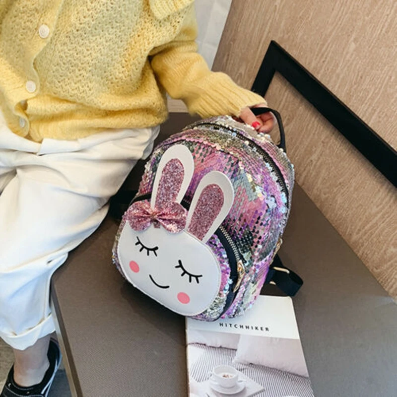 Glitter Kids Girls Sequins Bunny Ears Mini Backpack Shoulder Travel Bag