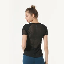 Черные Модальные Рубашки для йоги, сексуальные сеточные с коротким рукавом на спине, спортивные футболки для женщин, спортивные топы Спортивные, обтягивающие, дышащие, одежда для фитнеса