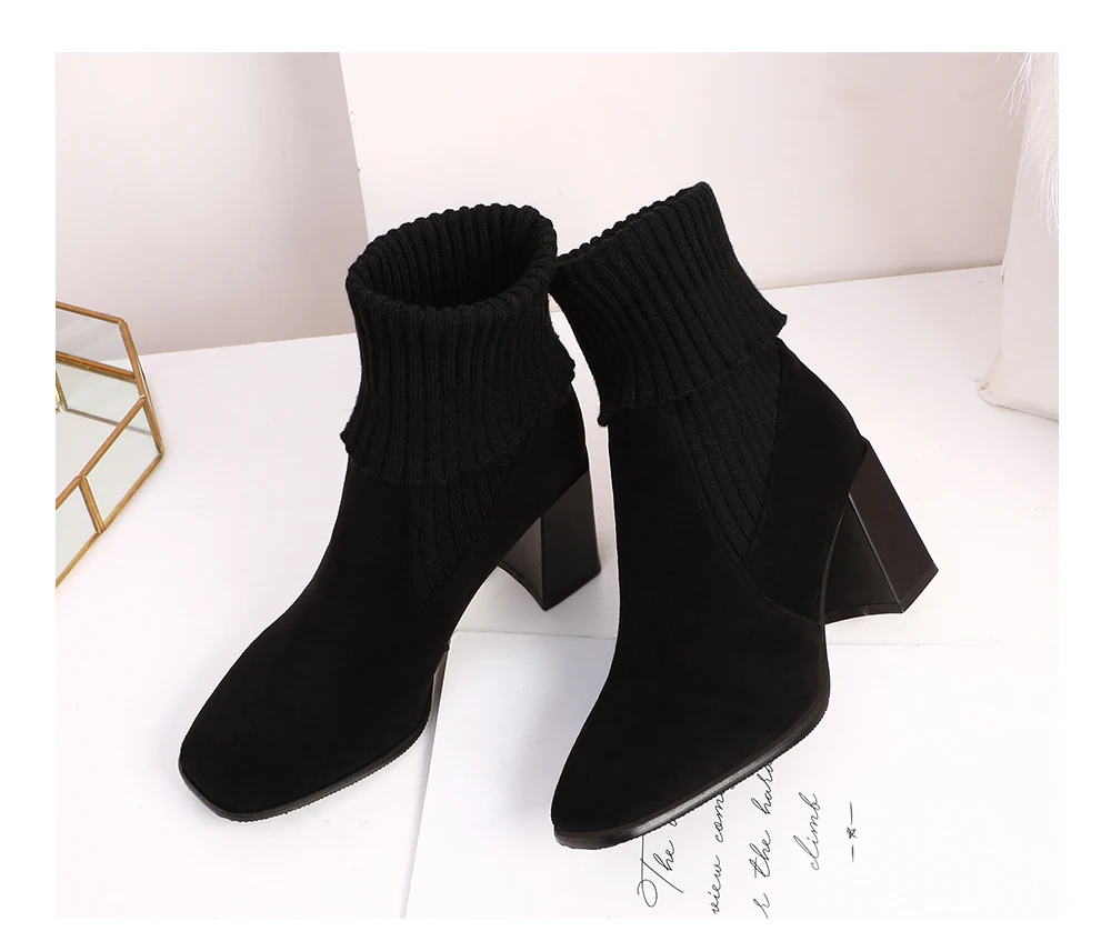 BESCONE Suede Women Mid-Calf Boots Winter Handmade Short Plush Solid Square Heel Shoes New Sexy Pointed Toe Ladies Boots BM274