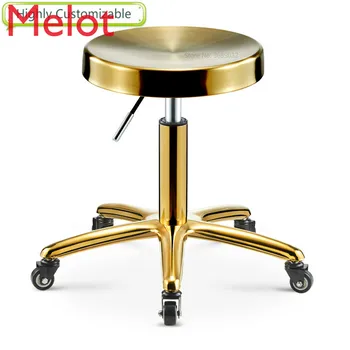 

High customizable Gloden Barber Chair Stainless Steel Metal Rotate Lift Beauty Stools Nail Embroidery Chairs with Rollers
