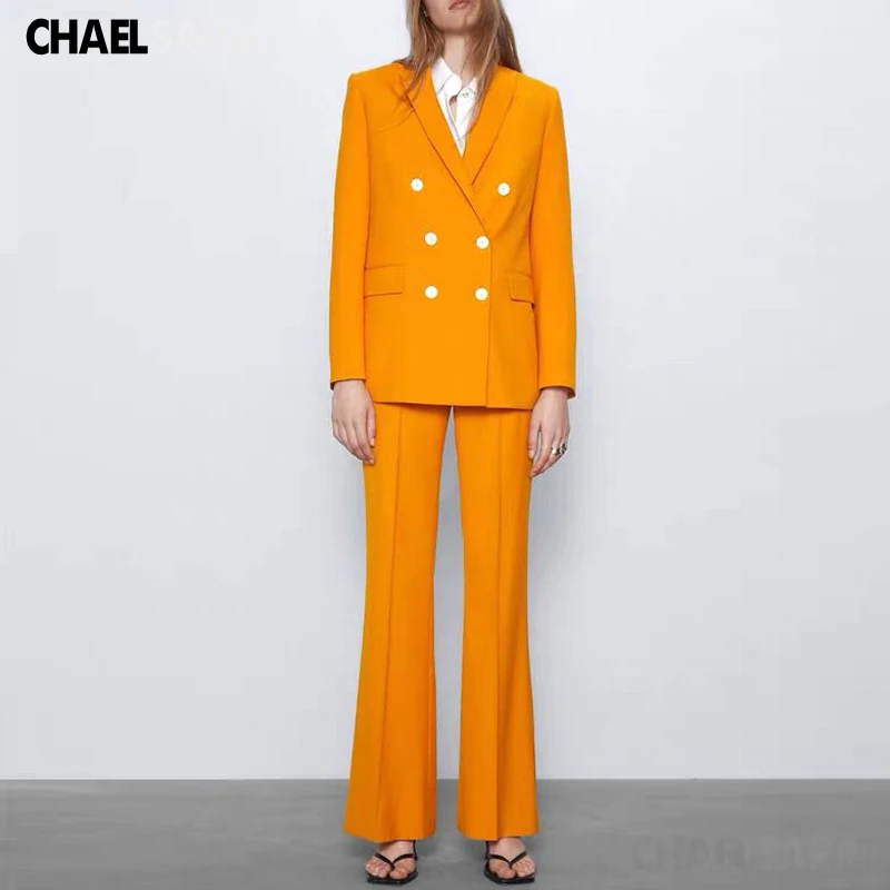 

2020 Spring Autumn Office Two Piece Set Women Double Breasted Blazer Jacket +Pants Suits Female Suits