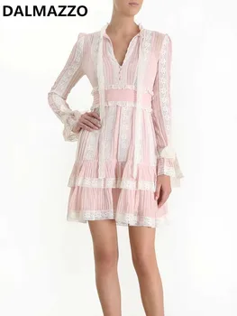 

2019 Newest Women Cut Sweet Bow Pink Pleated Lace Patchwork Cake Mini Dresses Vestido Womans Long Sleeve Chiffon Runway Dress