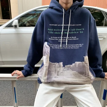 

2019 Men's Fashion Loose Pullover Letter 3d Printing Coats Hooded Hoodies Thicken Velvet Cotton Casual Black/blue Sweatshirt