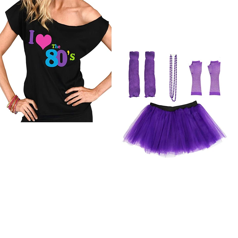 Tanie Dla dorosłych dziecko Cosplay kostiumy damskie 80s kostium akcesoria Tutu spódnica ocieplacz na nogi Mesh rękawica naszyjnik Tshirt
