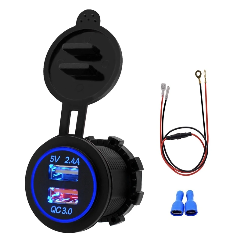 

QC 3.0 Power Socket Car Quick Charger Dual USB Vehicle DC12V-24V Waterproof 5V/3.4A 2 Port Charging With Cable for IPhone Androi