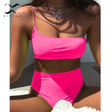 Комплект бикини на одно плечо с высокой талией летняя пляжная одежда неоновый купальник женский купальный костюм пуш-ап сексуальный купальник женский купальник бандо
