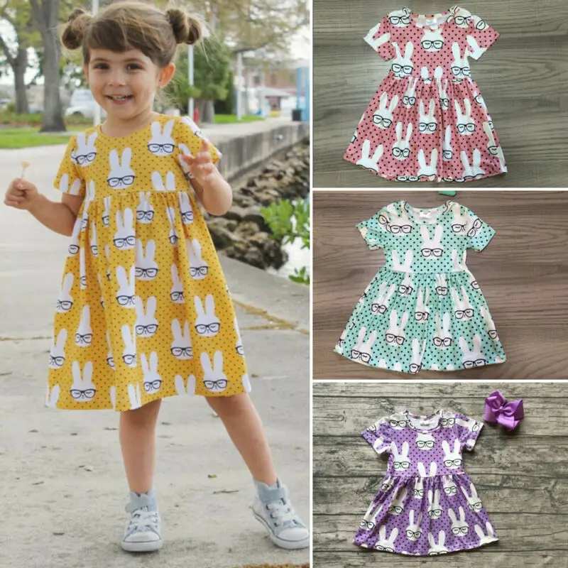 Summer Toddler Baby Kids Girl Dress Easter Cartoon Rabbit Bunny Tutu Dress A Line Dresses Party Cotton Clothes