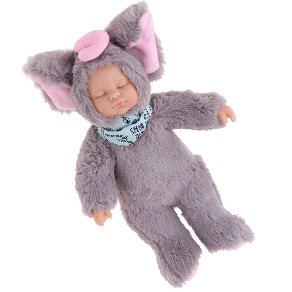 25cm Mini Stuffed Baby Doll Toys Silicone Reborn Baby Lifelike Kids Toys Sleep Reborn Doll Birthday Gifts (Gray Elephant)