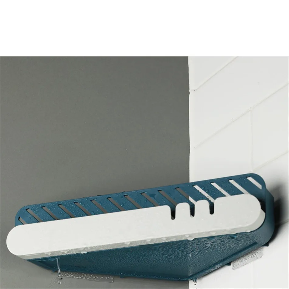 Triangle Self Adhesive Shelf with Drain Rack Hook for Kitchen Bathroom Bottle Sundries Toiletries Triangle Self Adhesive Shelf