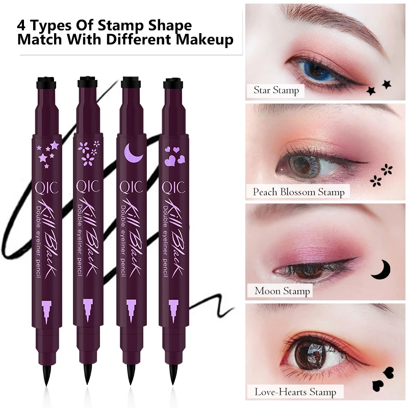 QIC Double-head Stamp Eyeliner Black Liquid Eyeliner Waterproof Tattoo Pen Makeup Tools 4 Styles of Stamp Star/Moon/Titoni/Heart