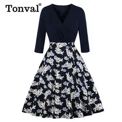 Tonval A Line винтажное темно-синее платье с цветочным принтом и v-образным вырезом, женское осеннее платье с длинным рукавом 3/4, элегантные
