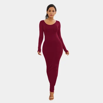 

Elasticity Slim Ankle Length Long Dress O Neck Long Sleeved Tight Pencil Women Dress Autumn O Neck Vestidos White Red Grey Black