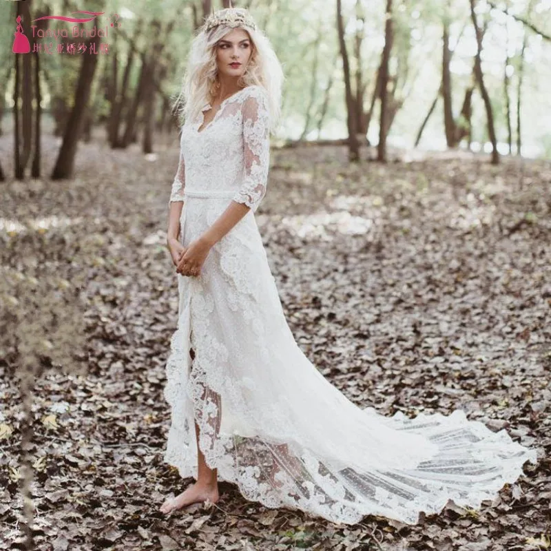 Белый Бохо стиль пляжные свадебные платья Кружева Половина рукава Vestido De Noiva Сексуальная спинки спереди Сплит Свадебные платья SS180 - Цвет: Белый