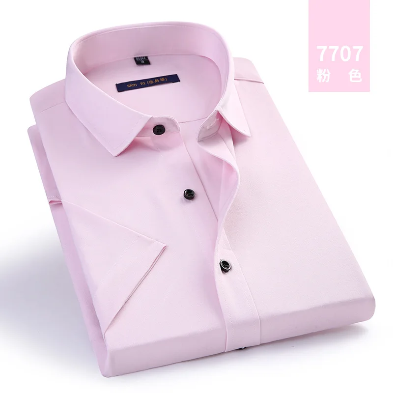 Short 7707 Pink Осенние мужские рубашки masculino Hombre модная однотонная эластичная рабочая одежда тонкая мужская одежда умная Повседневная без глажки различных цветов 4XL - Цвет: Short 7707 Pink