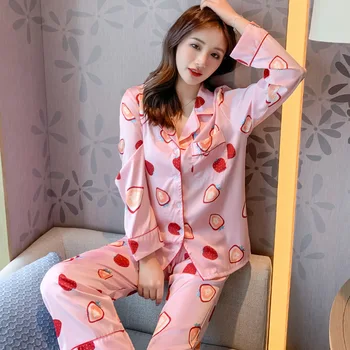 

Cute Bathrobe Satin Pajamas Suit Nightwear 2PCS Shirt&Pants Pink Lady Print Sleepwear Casual Homewear Soft Sleep Set Intimate