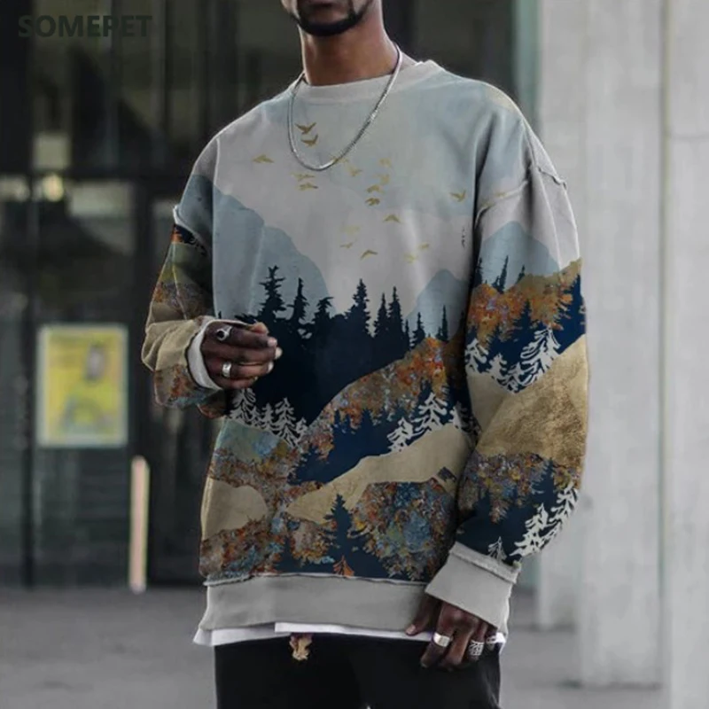 Autumn Vintage Landscape Printed Hoodie Sweatshirt Men Harajuku Long Sleeve  Hooded Top Male Casual Loose Hoodies Streetwear - AliExpress