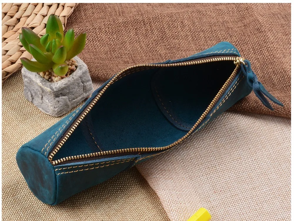 Genuine Leather Zipper Pen School Vintage Product Creative Pencil Stationary Model Trinodal Retro Handmade Bag Style