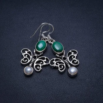 

Natural Malachite and River Pearl Butterfly Mexican 925 Sterling Silver Earrings 1 1/2" T4666