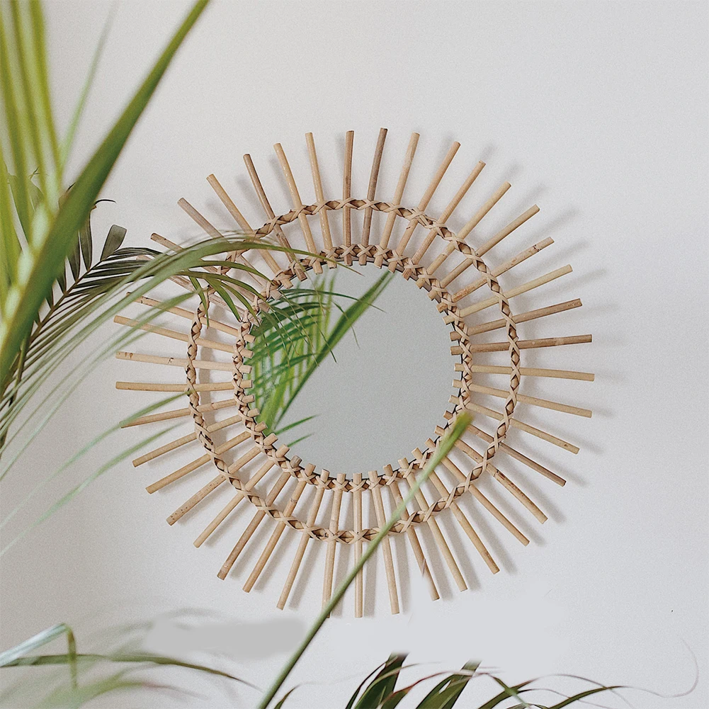 Nordic Style Home Rattan Plaited Art Living Room Makeup Decorative Mirror Wall Hanging Bedroom Bathroom Photography Prop