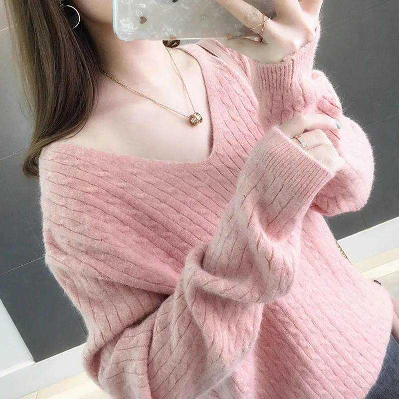 

OHRYIYIE Women Autumn Winter Knitted Pullovers Sexy Deep V-Neck Sweaters Female Green Pink Blue Tricot Jumper Pull Femme Tops