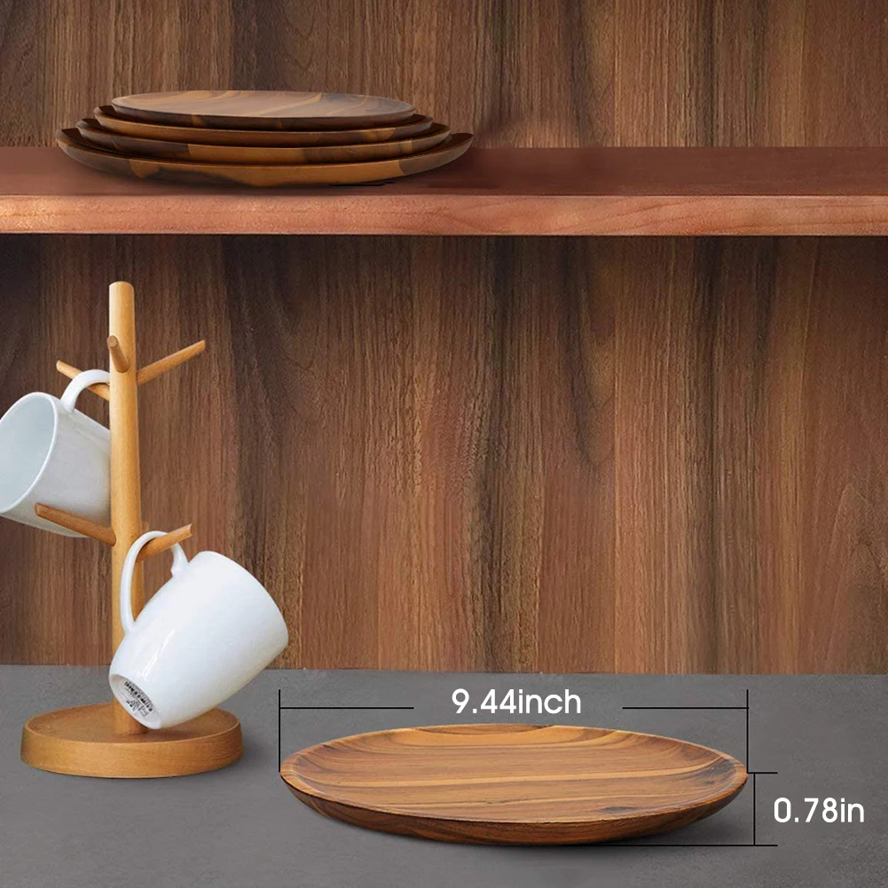 Wood Hand-made Acacia Dinner Plates Unbreakable Round Wood Plates for Fruits Dishes Snacks Dessert Serving Tray Tableware
