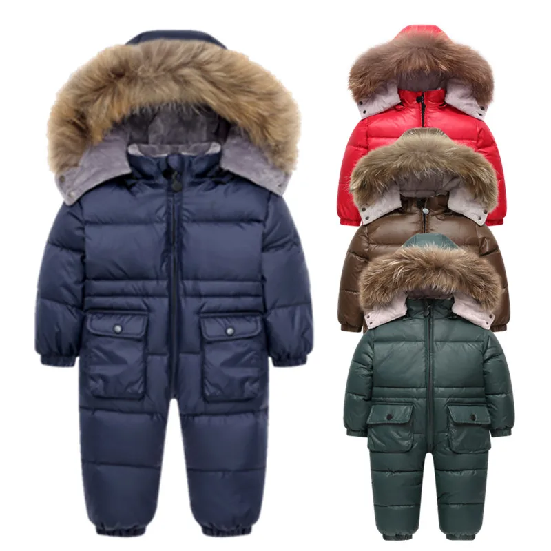

2019 new winter baby down jacket baby boys &girls Infant Snowsuit big fur collar romper winter children thickening