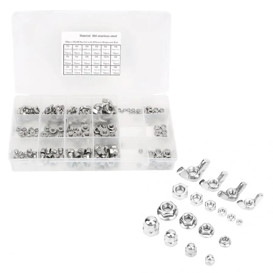 

Wing nuts 180PCS Stainless Steel Nuts Kit Wing Flange Hex Nuts M2 M2.5 M3 M5 M6 nut