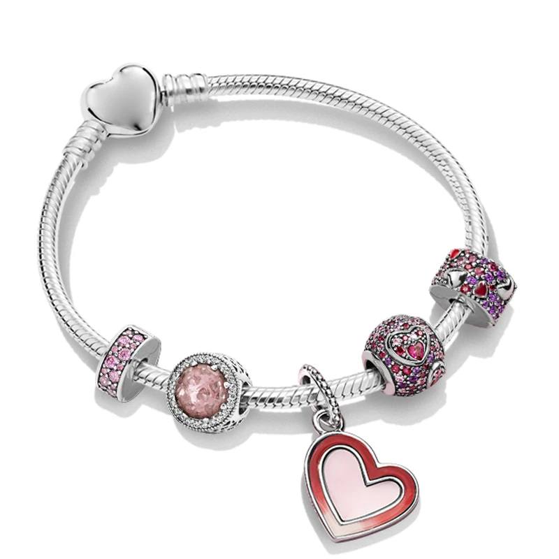 

100% 925 Sterling Silver Love ZT0243 Heart-shaped Stringed Bracelets Set 2019 Valentine's Day Surprise Fashion Gift