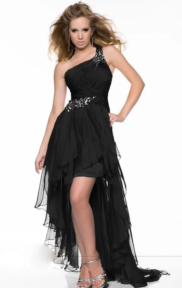 

Cheap Evening Gowns 2014 Sexy One shoulder A Line Beading Backless Sequins Beaded Hi-Lo Chiffon Dress Prom Dresses SS143